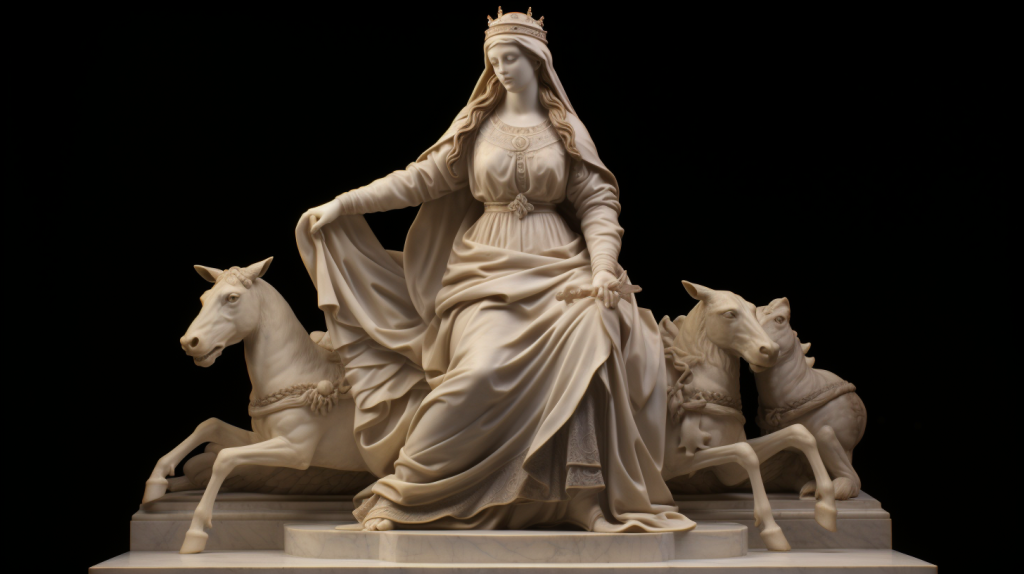 Eine kraftvolle Darstellung der heiligen Katharina von Alexandria, die entschlossen auf einem mittelalterlichen Platz steht und mit Philosophen eine lebhafte Debatte führt. Ihr Gesichtsausdruck vermittelt eine unerschütterliche Überzeugung, die die Details ihrer wallenden Gewänder und die Intensität des intellektuellen Austauschs einfängt, Skulptur, Marmorschnitzerei